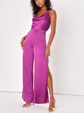 Lulus Bring The Boldness Purple Satin Split-leg Backless Jumpsuit - Size S